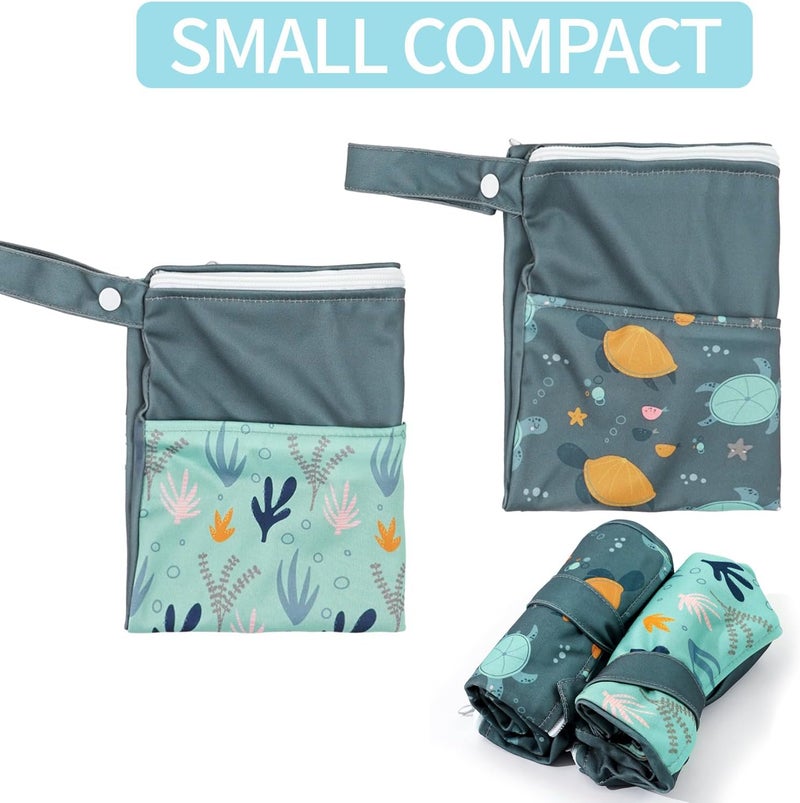 CoolaPeach 2pcs Wet Bags Waterproof Reusable Wet Dry Bag with Two Zippered Pockets Travel Beach Pool Daycare Yoga Gym Bag for Baby Cloth Diaper,Swimsuits,Wet Clothes (Turtles & Seagrass) - Image 5